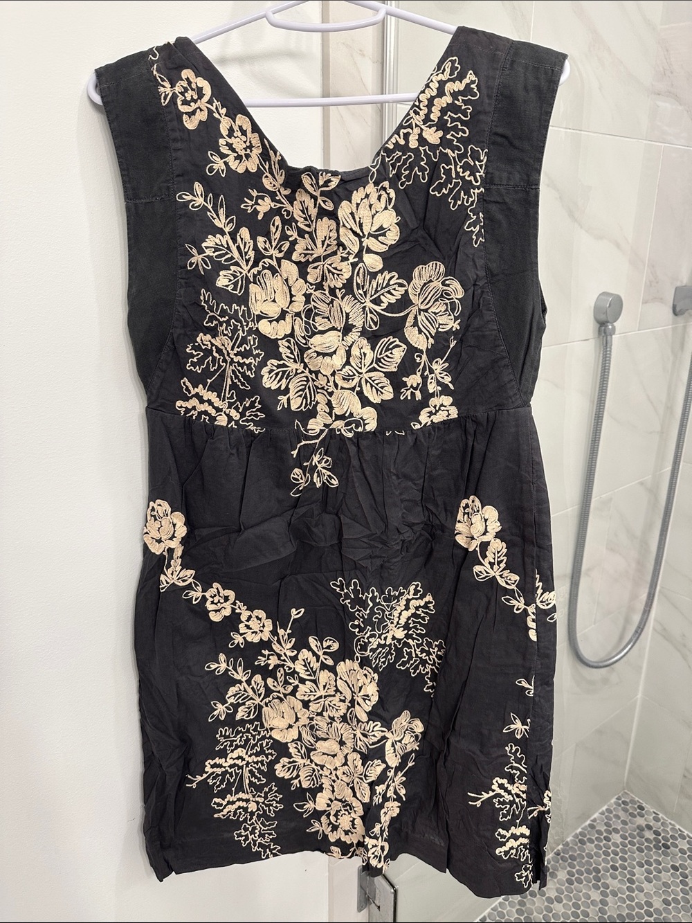 J. Crew Black Mini Dress with Cream Floral Embroidery